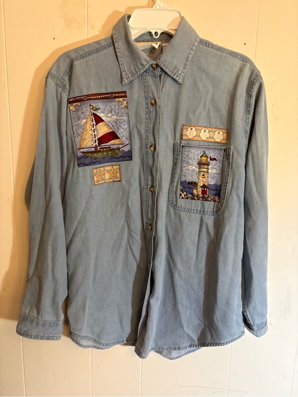 90s Better Things Nautical Denim Button Up Shirt Lighthouse Teacher Grandma VTG